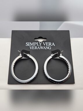 Simply Vera Vera Wang Silver Tone Hoop Earrings CZ Accent 1" Classic New